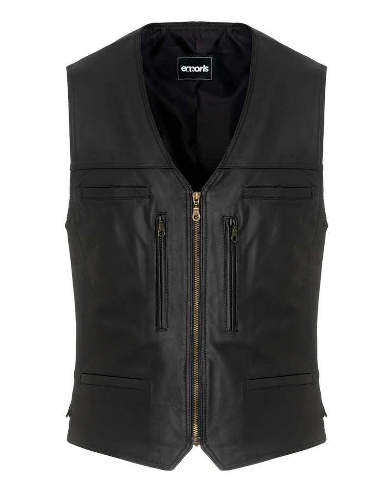 Kamizelka skórzana w kolorze czarnym z zamkiem, kieszeniami i eleganckim krojem idealna na zimowe dni