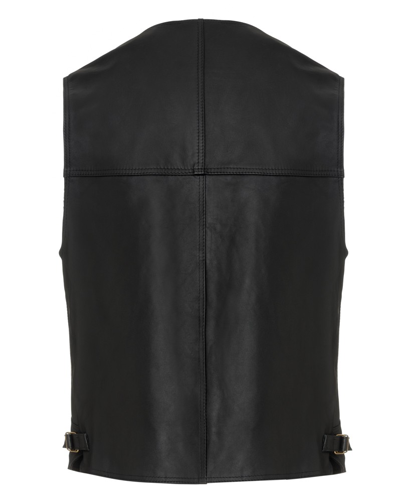 Kamizelka skórzana w kolorze czarnym, bez rękawów, z regulowanym paskiem i prostym krojem