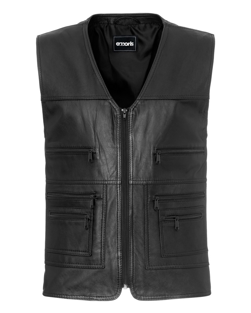 Kamizelka skórzana w kolorze czarnym, z zamkiem i wieloma kieszeniami na przodzie, idealna na chłodniejsze dni