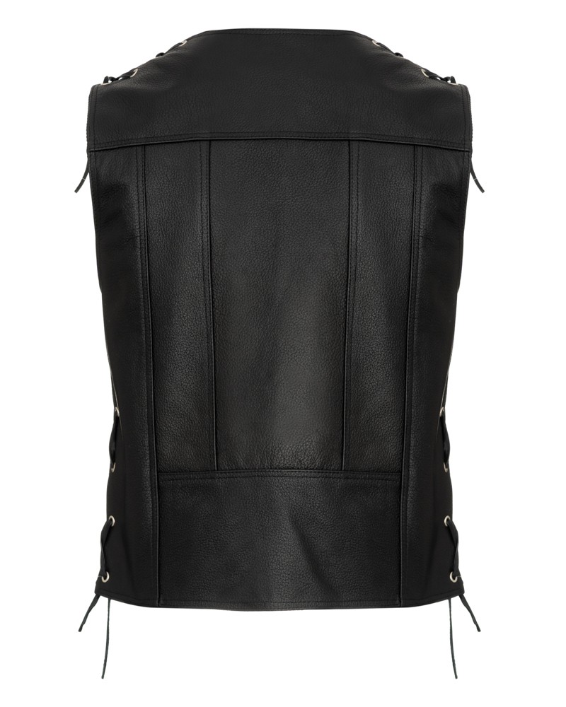 Kamizelka skórzana w kolorze czarnym, z ozdobnymi sznurkami po bokach i prostym krojem