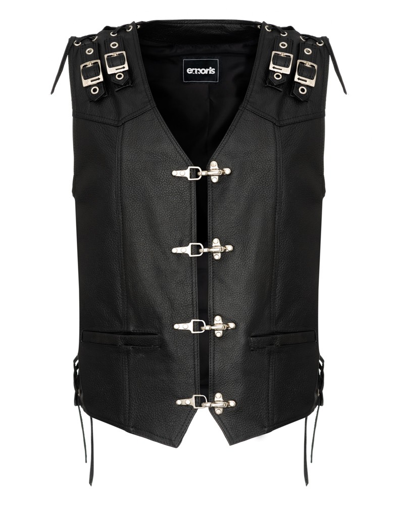 Kamizelka skórzana w kolorze czarnym z metalowymi klamrami i sznurowaniami po bokach