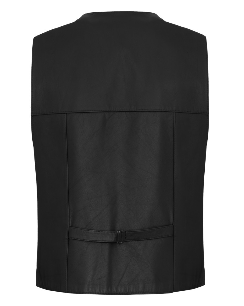 Kamizelka skórzana w kolorze czarnym, bez rękawów, z paskiem w talii i prostym krojem