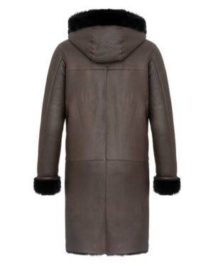 Kożuch męski w ciemnym brązie z kapturem i futrzanym wykończeniem na rękawach