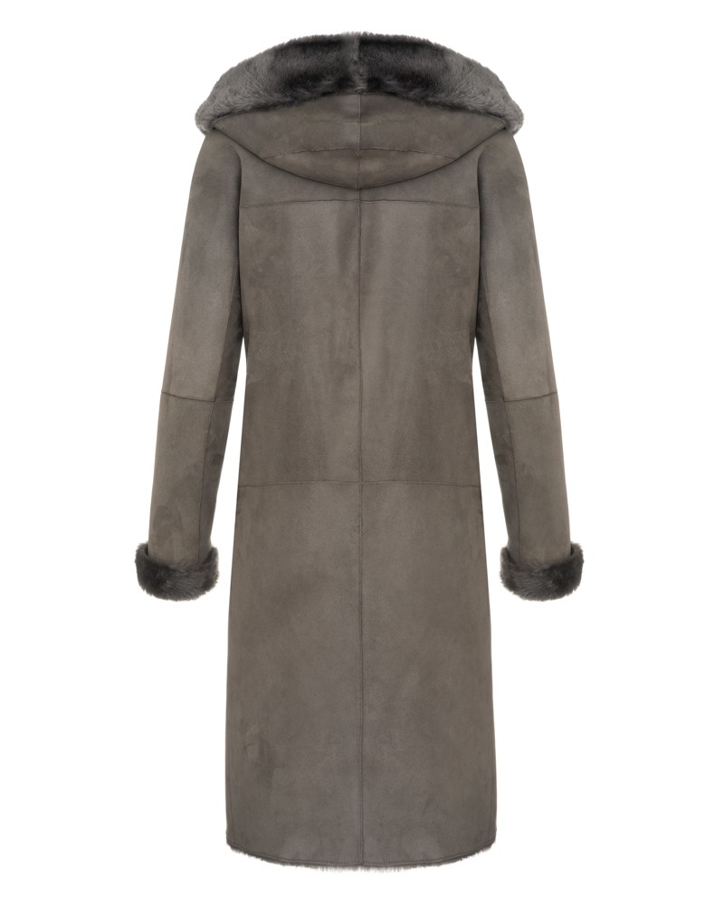 Kożuch damski w kolorze szarym, z kapturem i futrzanym wykończeniem przy rękawach