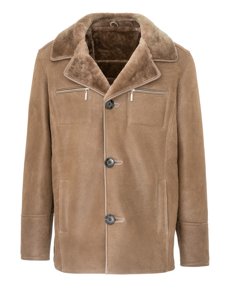 Kożuch męski w kolorze brązowym z klasycznym kołnierzem i guzikami, idealny na zimowe dni