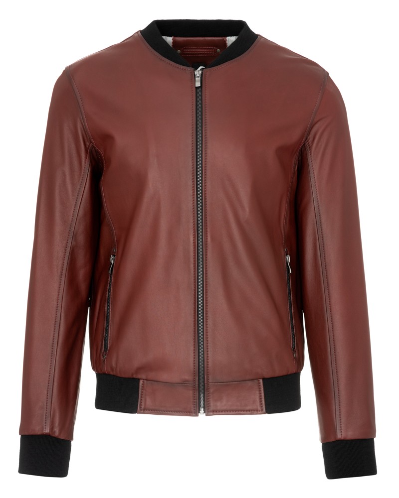 Bomberka skórzana w kolorze burgundowym z kontrastowymi ściągaczami i zamkiem błyskawicznym