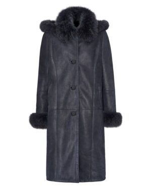 Kożuch damski w kolorze ciemnoniebieskim z futrzanym kołnierzem i mankietami, elegancki krój na zimę