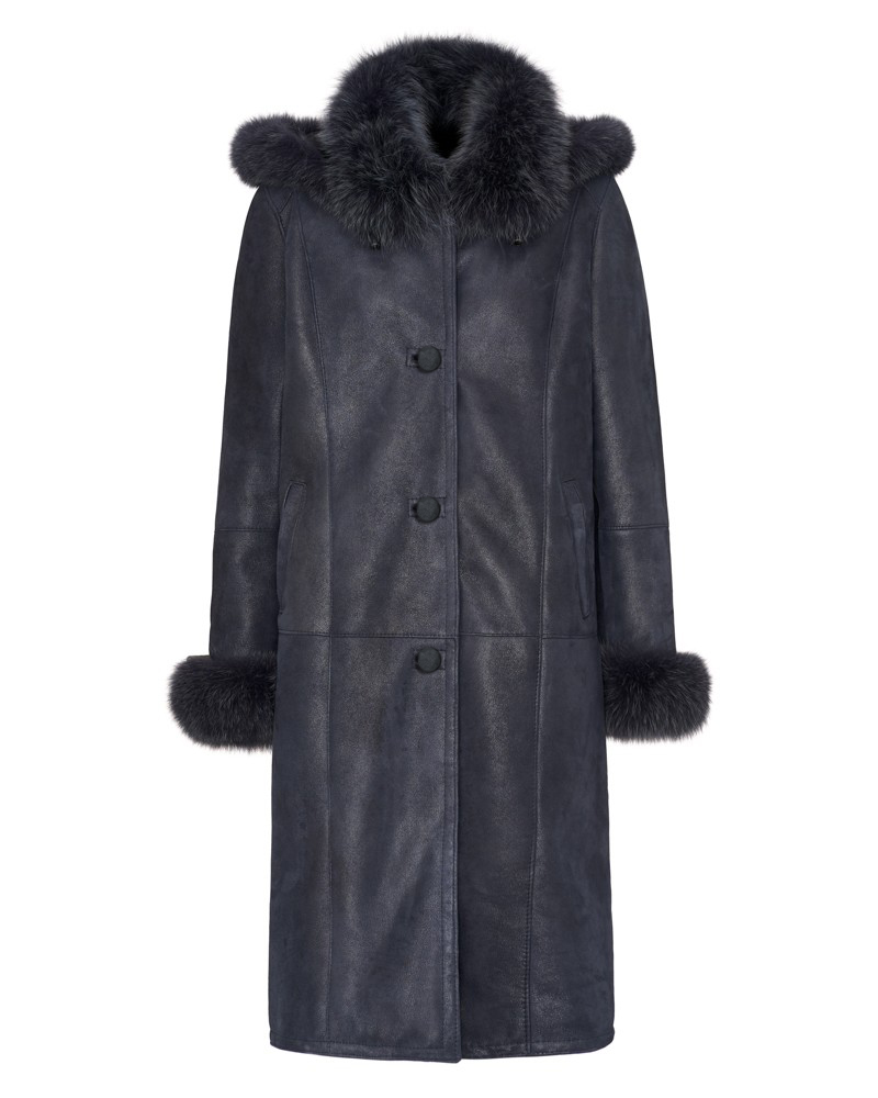 Kożuch damski w kolorze ciemnoniebieskim z futrzanym kołnierzem i mankietami, elegancki krój na zimę